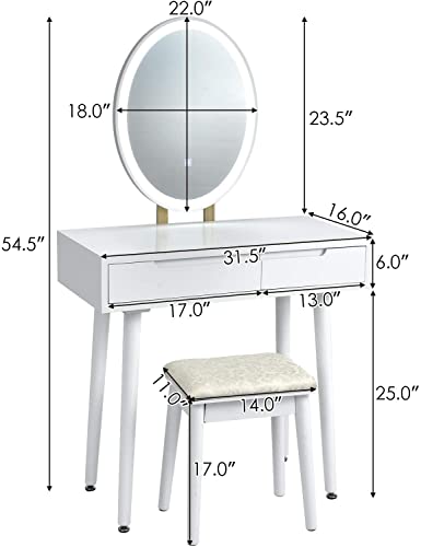 LDAILY Vanity Table Set with 3-Color Lighted Dimming Mirror, Wooden Makeup Table with Cushioned Stool & 2 Sliding Drawer, Touch Screen, Modern Bedroom Dressing Table for Women, Girl (White)