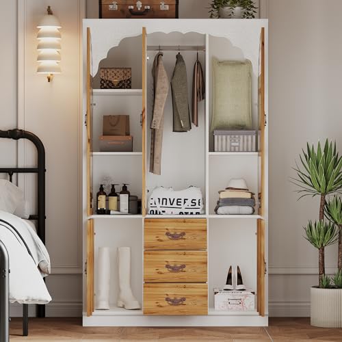 Large Armoire Wardrobe with 5 Wood Doors, 5 Closed Shelves, 1 Hanging Space, 1 Mirror, 2 Shoes Storage Space, 3 Drawers for Bedroom, White (45.7”W x 20.3”D x 75.7”H)