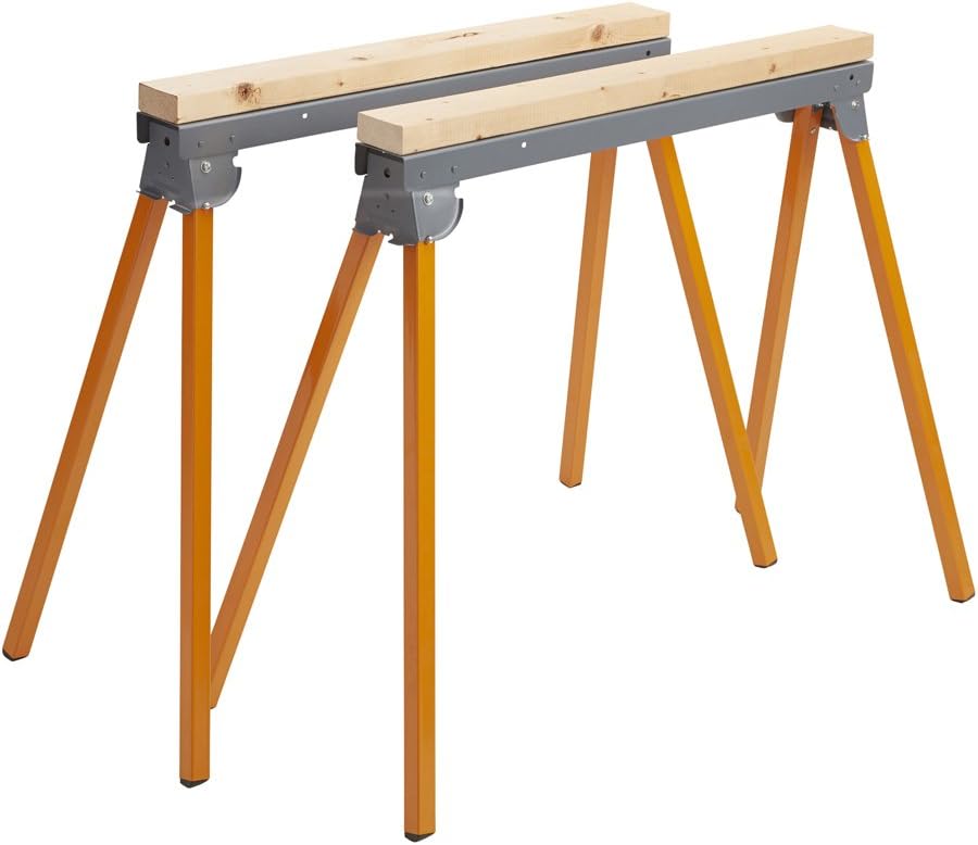 All Steel Folding Sawhorse - Pair Portamate PM-3300T. TWO 33-Inch Tall Fold-up Heavy Duty Saw Horses. Fully Assembled, 1,000lb. Capacity (500lbs. each) and Quickly Folds Up for Easy Storage, Orange