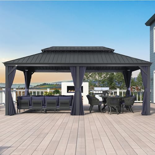 PURPLE LEAF 10' X 14' Permanent Hardtop Gazebo Aluminum Gazebo with Galvanized Steel Double Roof for Patio Lawn and Garden, Curtains and Netting Included, Grey