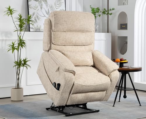 Light Grey Recliner Chair for Elderly | Tall and Big Man 400lbs | Chenille | Power Lift, Lay Flat, Stand Up, Wireless Charging Device, Extended Footrest, Massage Heat, Cup Holder, Lumbar Pillow