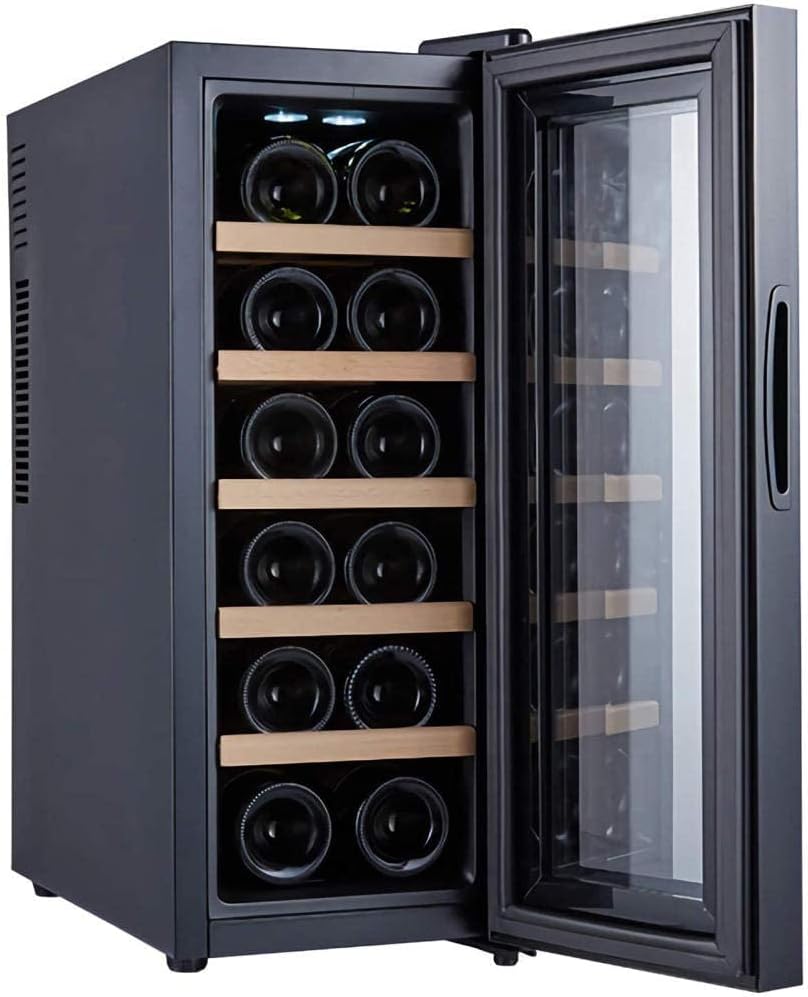 Wine Cooler 12 Bottle Thermoelectric Wine Cellar Fridge Small Countertop Constant Humidity Wine Refrigerator Digital Control Glass Door Black-Beech Wo