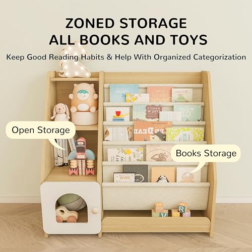 Montessori Kids Bookshelf, 5 Sling Baby Bookcase, 4 Tier Display Shelves, Wooden Book Rack, Toddler Toy Storage Organizer Cabinet, Floor Children Bookshelf Nursery Playroom Bedroom Library, Natural
