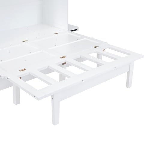 Queen Size Murphy Bed with USB Port and Removable Shelves on Each Side, Solid Wood Muti-functional Cube Cabinet Bed for Home Office (Grey/W1)