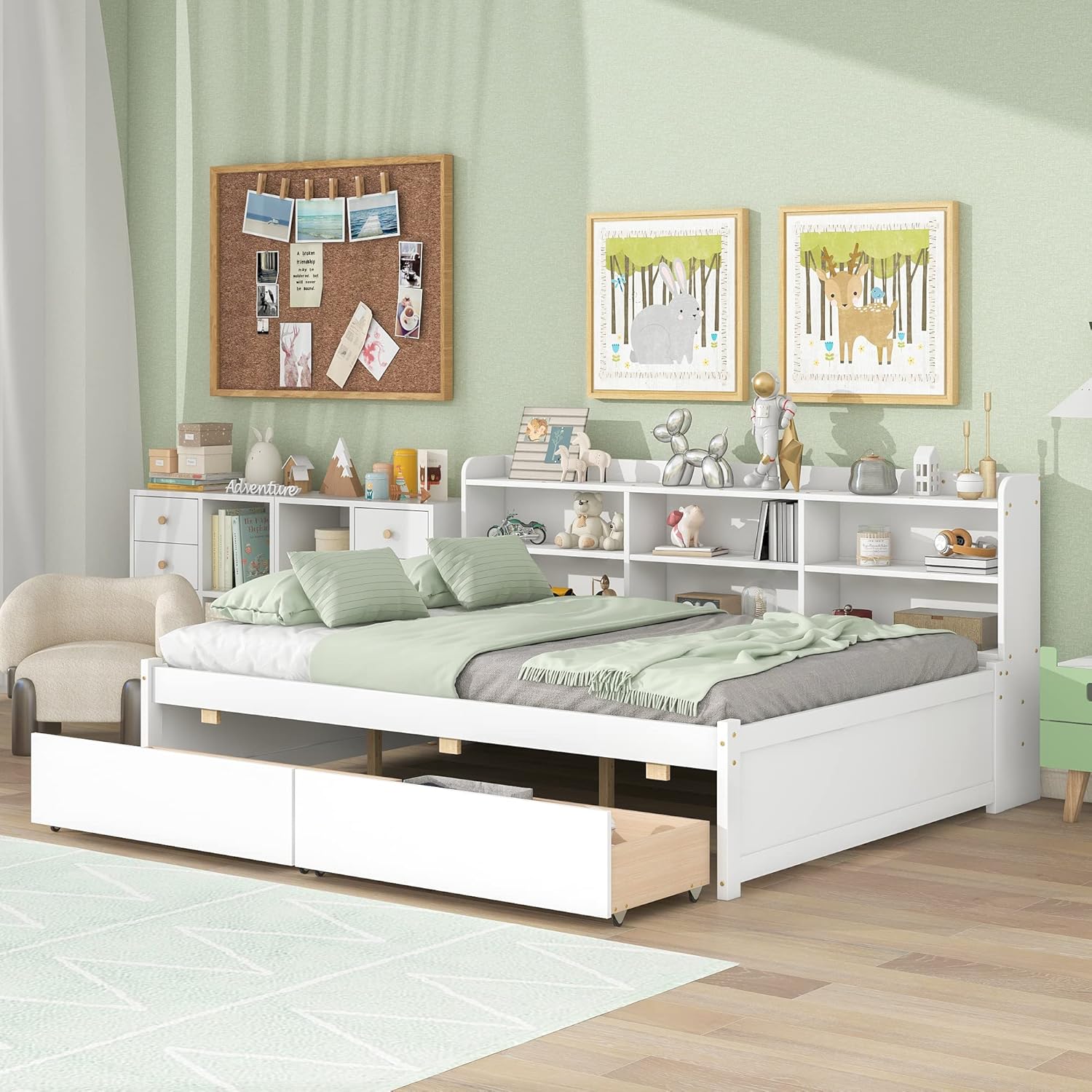 Harper & Bright Designs Full Size Daybed with Storage Bookcase and 2 Drawers, Wood Full Platform Bed with Sideboard, Full Sofa Bed Frame for Bedroom, Living Room (Full, White)