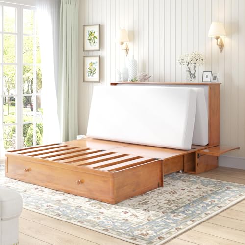 MUZZ Queen Size Murphy Bed with Charging Station, Convertible Cube Cabinet Murphy Bed with Folding Foam Mattress, Foldable Space-Saving Murphy Bed for Guest Room, Home, Office (Cherry)