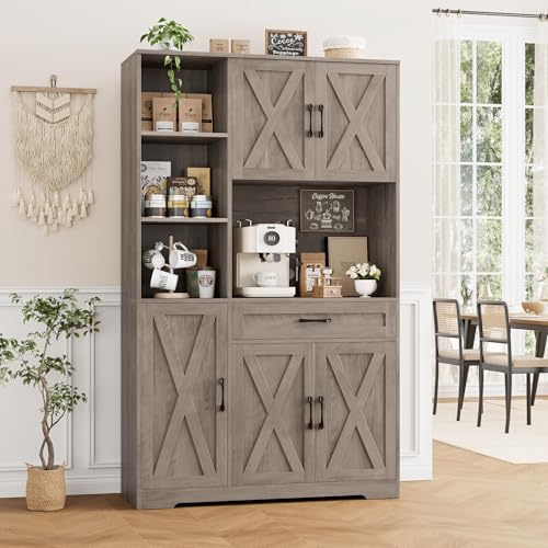 HOSTACK 71" Tall Kitchen Pantry Storage Cabinet, Farmhouse Food Pantry Cabinet with Microwave Stand, Barn Doors Kitchen Hutch with Large Drawer and Shelves for Dining Room, Ash Grey