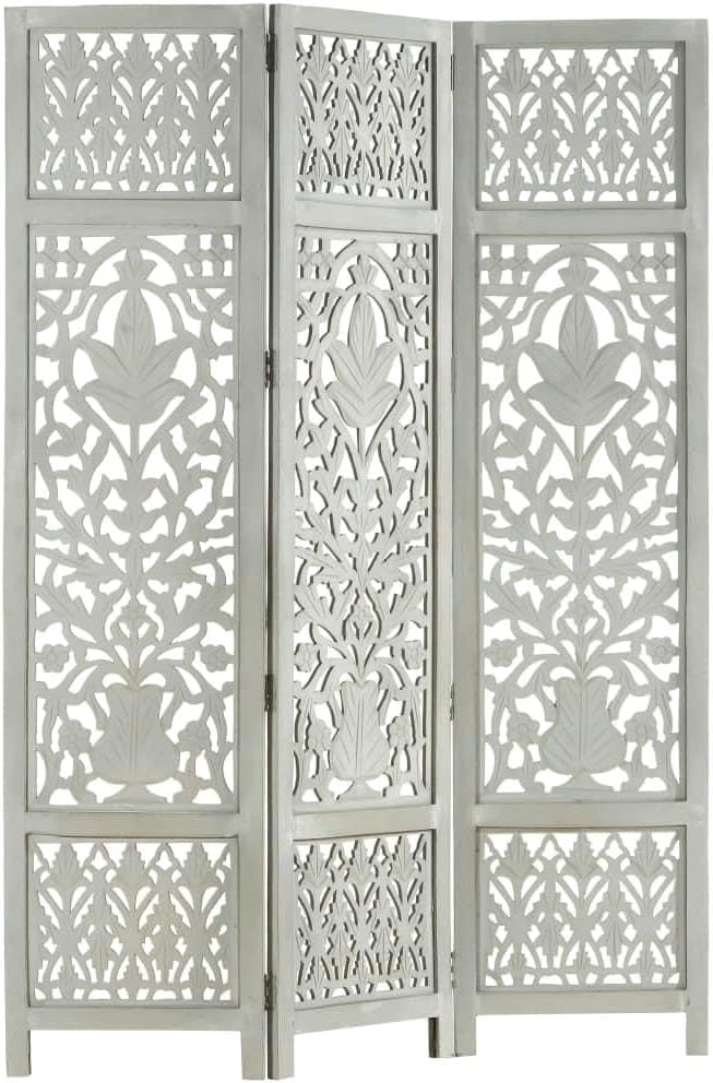 [Hand-Carved Room Divider] - Elegant 3-Panel Gray Wood Screen for Stylish Home Separation - Solid Wood Partition with Exquisite Craftsmanship-Gray (Grey)
