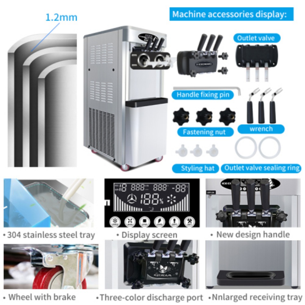 Commercial vertical ice cream machine,25-30L/H production capacity, with 2x6L hopper, 2000W power, soft ice cream machine for restaurants and snack shops, three flavors