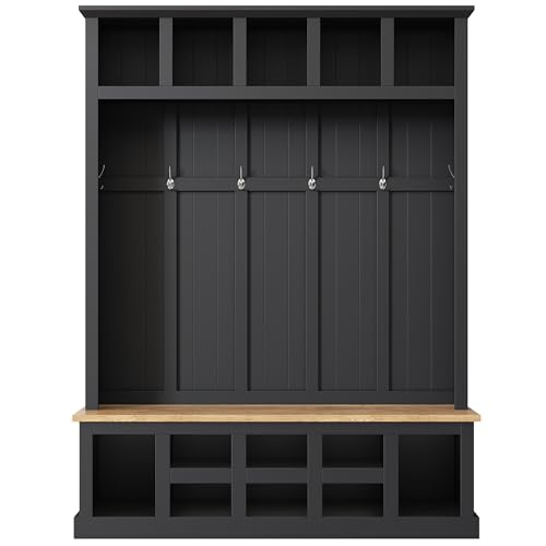 5-in-1 Design Hall Tree with Coat Rack, Cushion and 3 Hooks, 47.2'' Wood Coat Hanger with Shoe Storage Bench and Top Open Storage Shelves Entrance Hallway Living Room (White-47W)