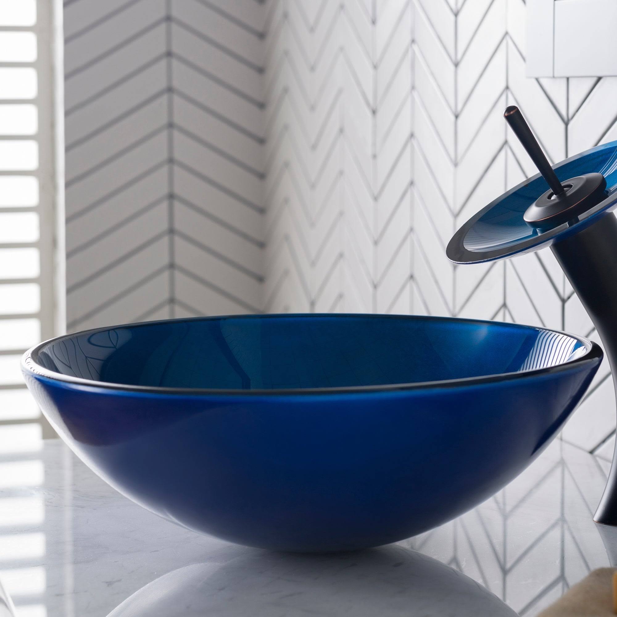 Kraus GV-204 Irruption Blue Glass Vessel Sink, Satin Nickel