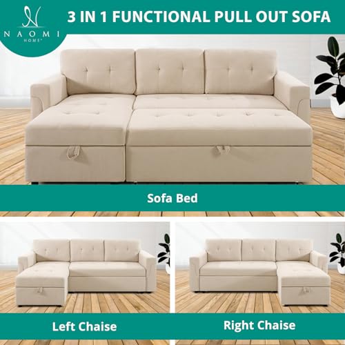 Naomi Home Jenny Sectional Sofa Sleeper with Storage Chaise, Tufted Pull Out Couch with Storage, L-Shaped Reversible Sleeper Sofa with Storage, Black,Air Leather