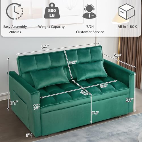 3 in 1 Convertible Sleeper Sofa Bed,Futon Loveseat Couch with Pull-Out Bed & Adjustable Backrest,Velvet Fabric Sofa with Side Pocket for Small Apartment, Living Room, Office (Black)