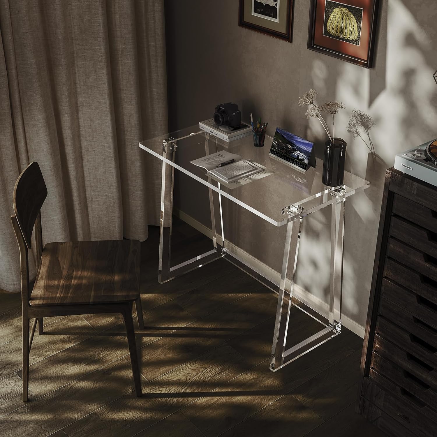 HMYHUM Acrylic Desk, 35.4 Inch, Clear Small Computer Desk with Trapezoid-shaped Legs for Home Office, Study, Writing, Vanity, Modern, Easy Assembly, 19.7" W x 29.5" H