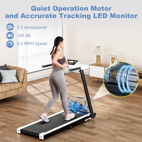 Juturna Portable Folding Treadmill, 3.0 HP Foldable Compact Treadmill for Home Office with 300 LBS Capacity, Walking Running Exercise Treadmill with LED Display White
