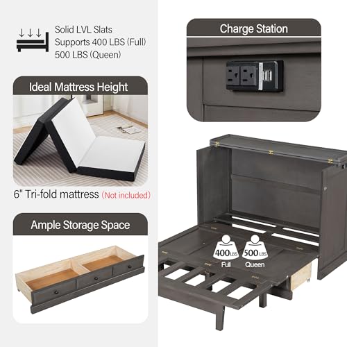 P PURLOVE Queen Size Murphy Bed Cabinet,Chest Cube Cabinet Bed with Charging Station and Large Storage Drawer,Space Saving Wall Bed for Living Room,White