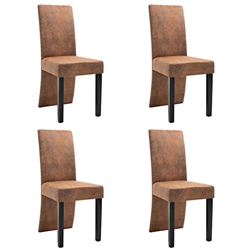 (Fast Delivery) Dining Chairs PU Leather Kitchen Chair Urban Style Dining Side Chair with Solid Wood Legs for Dining Room/Living Room/Kitchen/Restaurant Dining Chairs 4 pcs Brown Faux Suede Leather