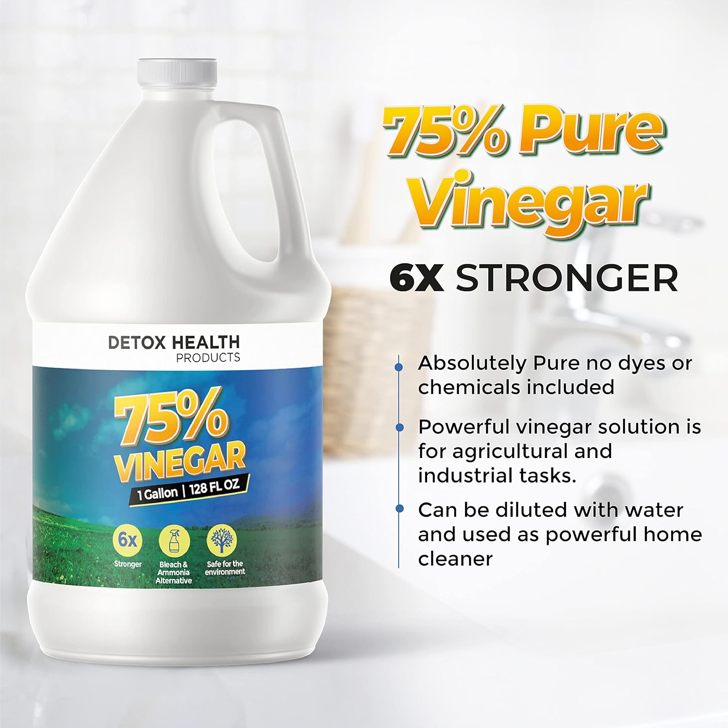 75% Vinegar | Detox Health Products | Pure Super Concentrated Vinegar | Dilutes to 15 Gallons | 15x Power Vinegar | 4 Gallons