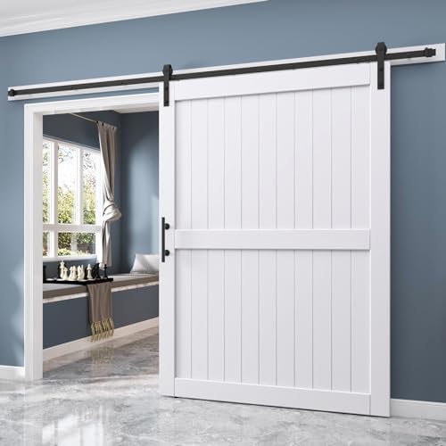 EaseLife 54 x 84 inch White Barn Door with 9FT Sliding Door Hardware Kit Included & Handle,Solid Wood Covered with Waterproof PVC Surface,DIY Assemblely,Easy Install,H-Frame,Fit 50-52in Wide Opening