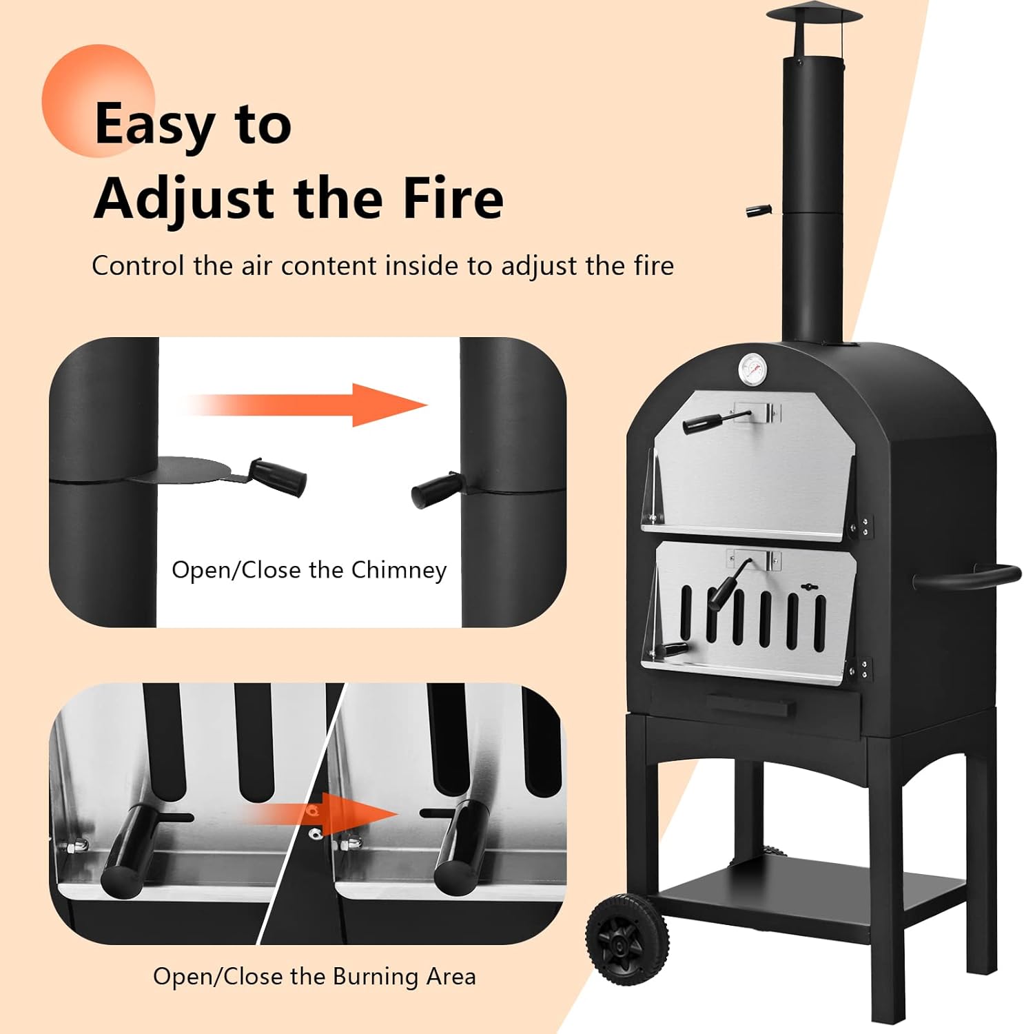 ORALNER Outdoor Pizza Oven, Wood Fired Pizza Oven Cooker with 12" Pizza Stone, Pizza Peel, Waterproof Cover, Portable Grill Pizza Maker on Wheels for Outside Backyard, Camping