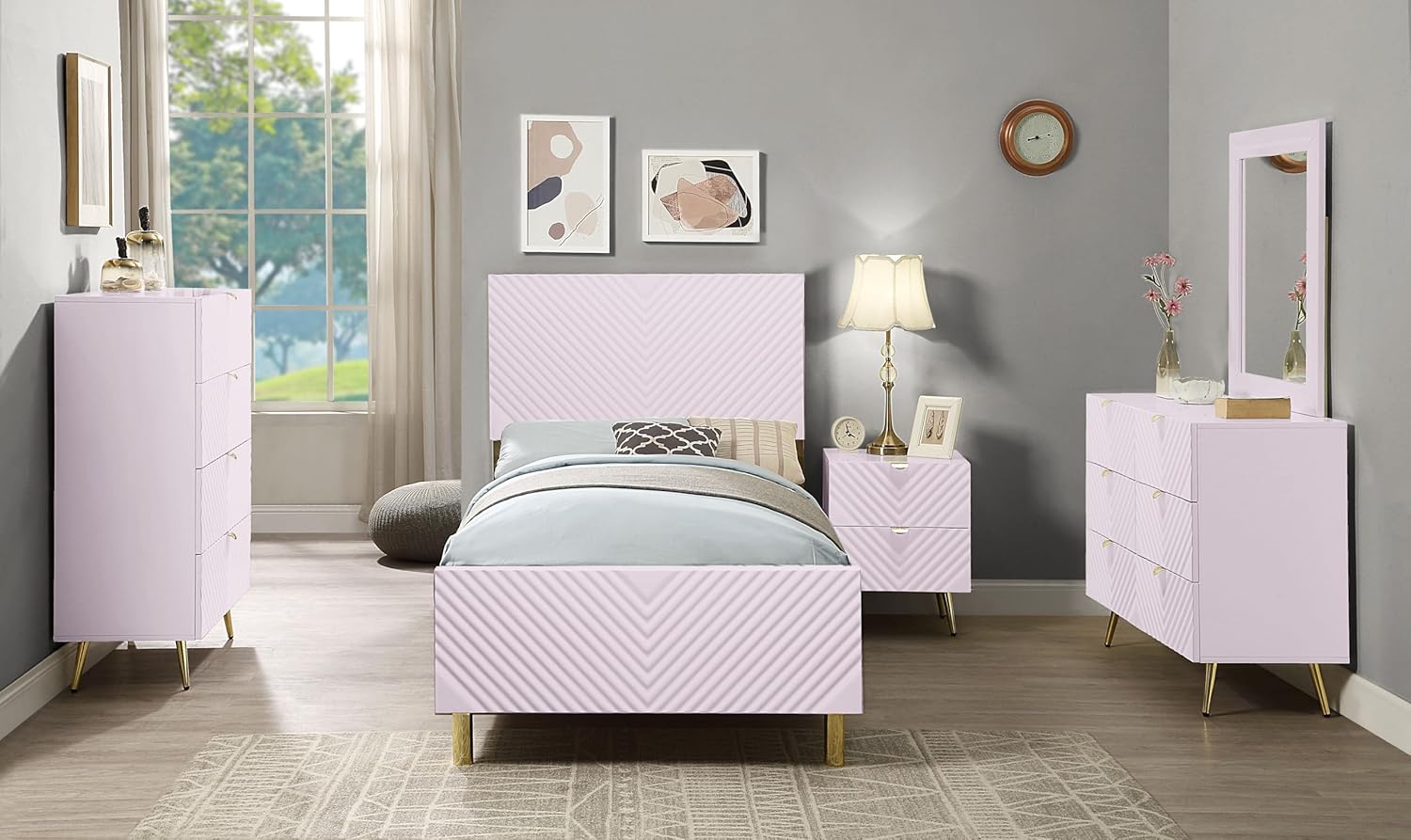 Acme Gaines 6-Drawer Contemporary Wood/Metal Dresser in Pink High Gloss