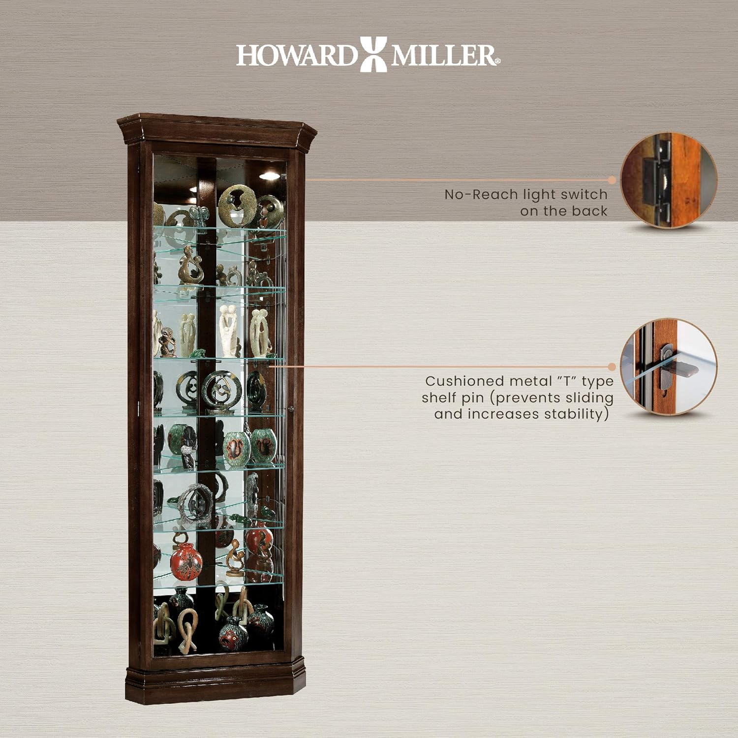 Howard Miller Dustin Curio Cabinet 680-484 �C Espresso Finish, Vertical Home Decor, Seven Glass Shelves, Eight Level Display Case, Locking Door, No Reach Light