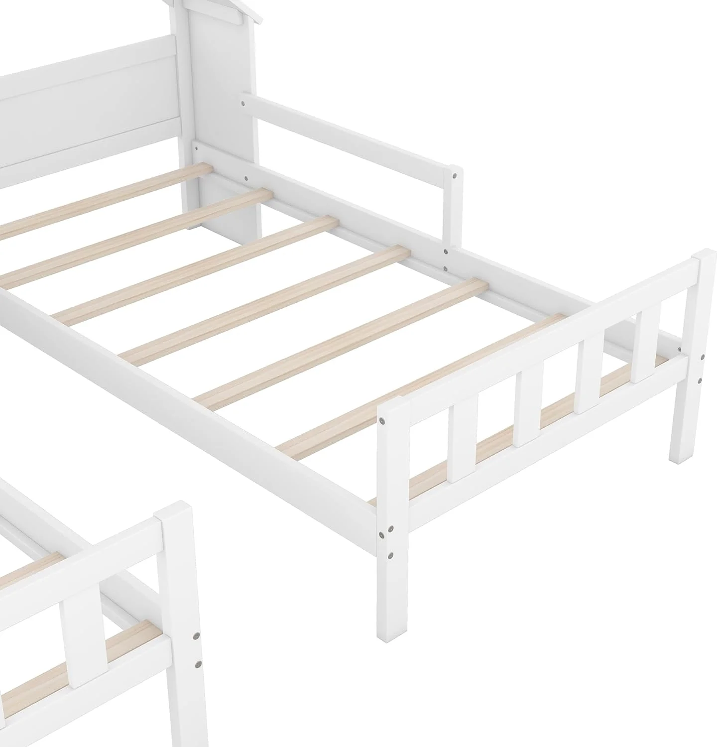 Double Bed Frames For Kids,Wood Double House Bed With House-Shaped Headboard And A Built-In Nightstand, Side By Side Montessori Bed For Kids Girls Boys,White