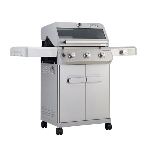 Monument Grills Outdoor Barbecue Stainless Steel 3 Burner Propane Gas Grill, 48,000 BTU Patio Garden Grill with Side Burner and LED Controls, Mesa325, Black