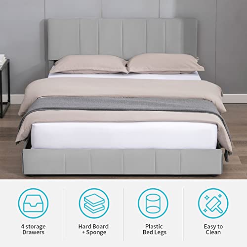 CECER Full Bed Frame with 4 Storage Drawers, Upholstered Storage Bed Platform with Adjustable Headboard for Bedroom/No Box Spring Needed/Easy Assembly/Velvet Fabric (Beige)