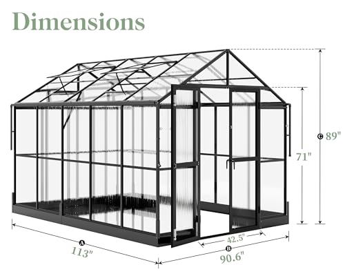 8x10x7.5 FT Greenhouse - Outdoor Aluminum Polycarbonate Greenhouse with Ventilation and Rain Gutter, Double Doors with Hook, Walk in Greenhouse for Outdoors, Backyard, Garden (Black)