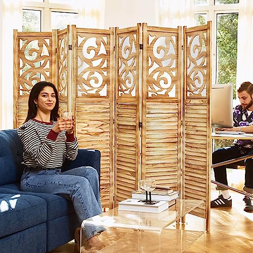 Room Divider Wood Carved Wall Divider Indoor Folding Portable Partition Screen for Home Office Garden Terrace - 6 Panel, 67 * 90inch (Dark Brown)