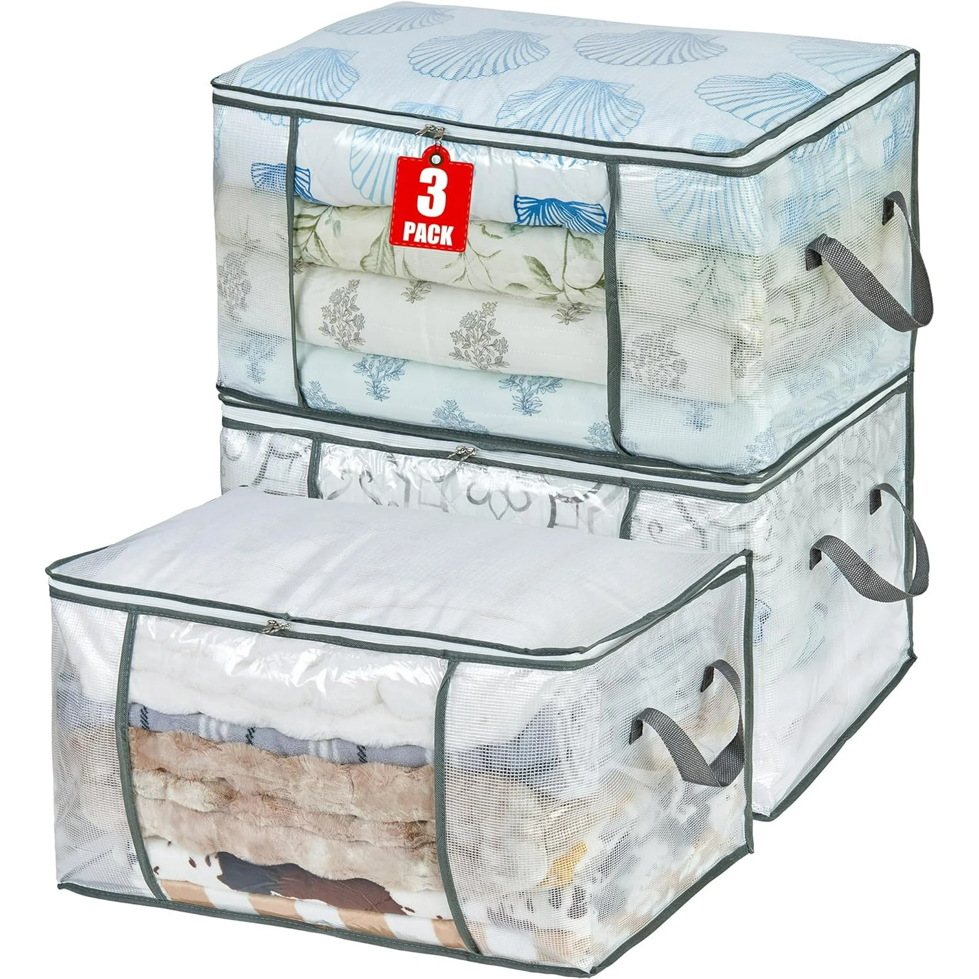 80L Clear Large Storage Bag, Clothes Storage Containers for Organizing Closet, Bedroom, Underbed, Comforters, Clothing, Blankets, Pillow, Foldable Organizer with Sturdy Handle and Zippers (4)