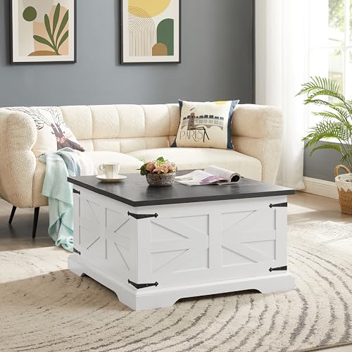 Goujxcy Farmhouse Lift Top Coffee Table, 31.5" Square Wood Center Table with Hidden Storage Compartment for Living Room, Barn Style Central Table Rustic Cocktail Table with Lift Top for Home Office