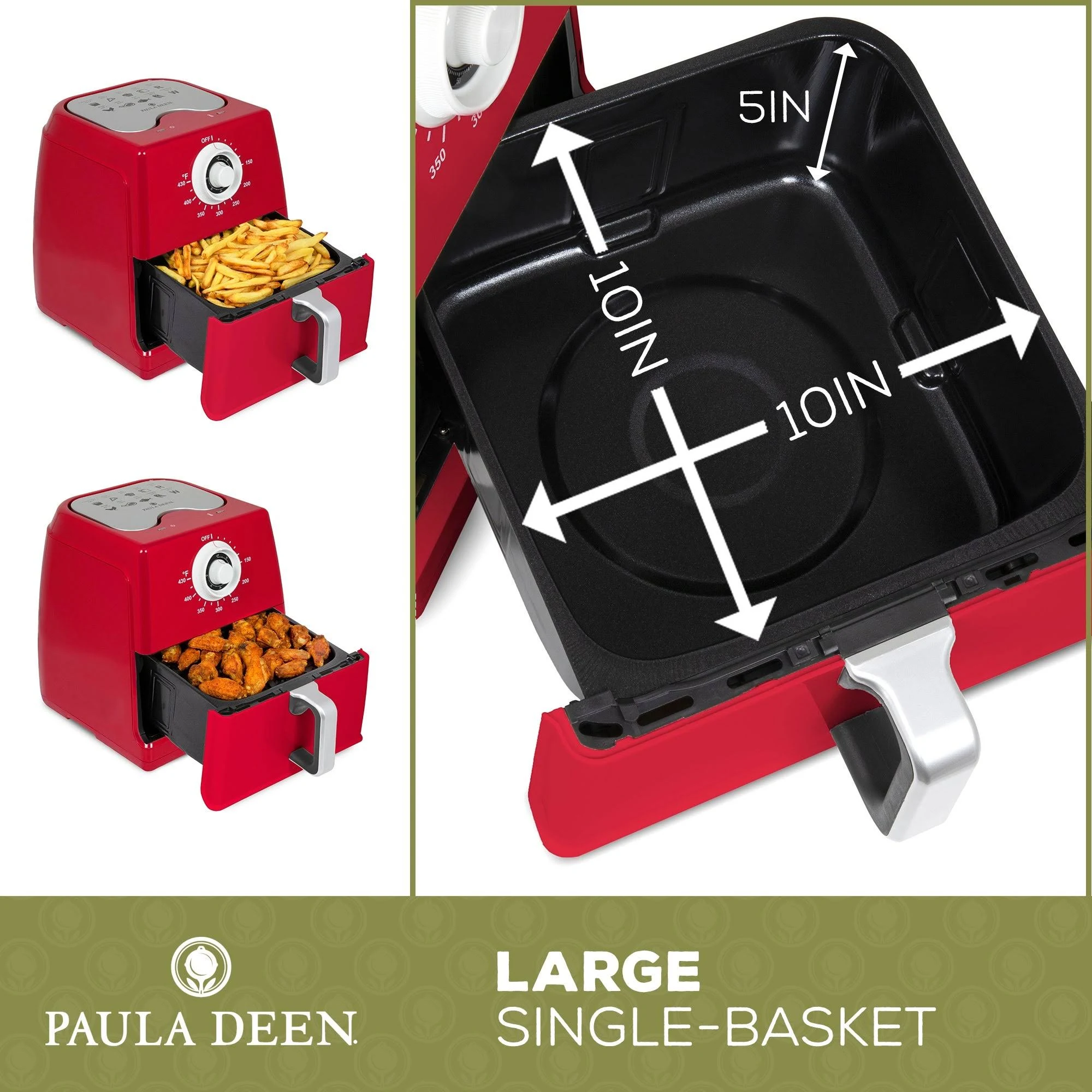 Paula Deen 8.5qt (1700 watt) Large Air Fryer, Rapid Air Circulation System, Square Single Basket System - Red