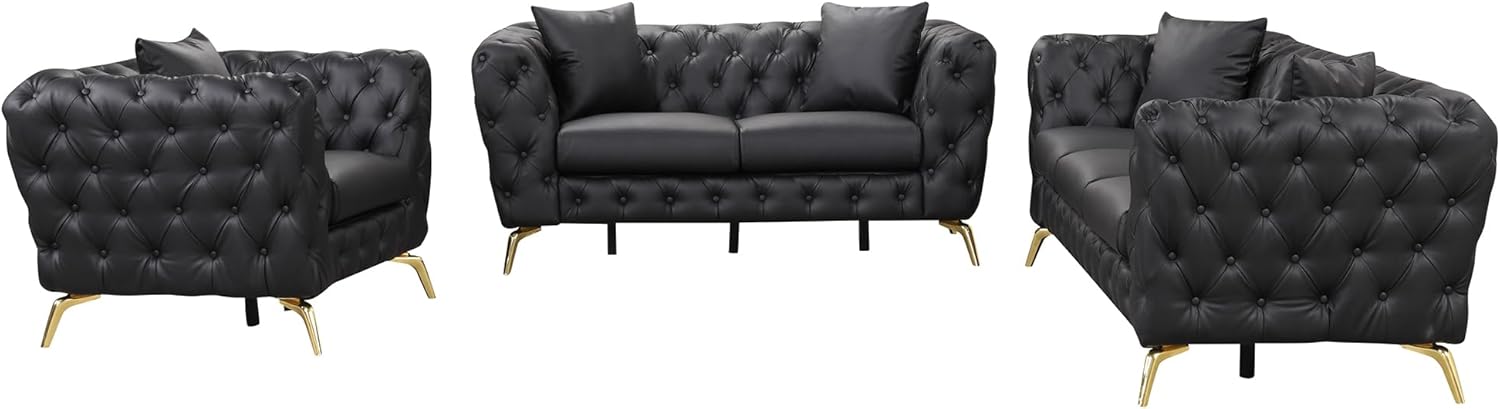 Merax Modern 3-Piece PU Upholstered Sofa Sets with Sturdy Metal Legs, Including Three Seat Couch, Loveseat and Single Chair for Living Room, Black