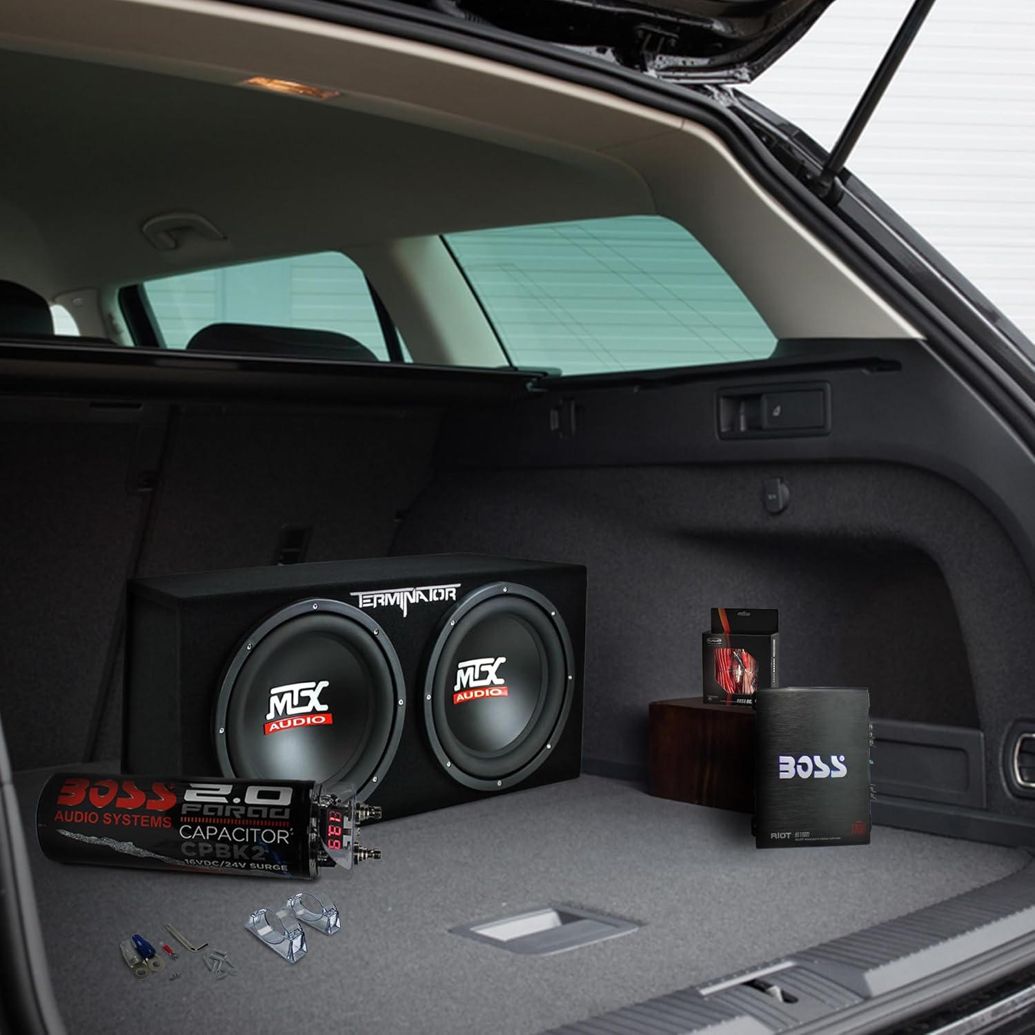 MTX 12 Inch 1200 Watt 4 Ohm Dual Loaded Car Audio Subwoofer Package with Sub Enclosure, Boss 1100W Mono A/B Amplifier, Wiring Kit and Capacitor