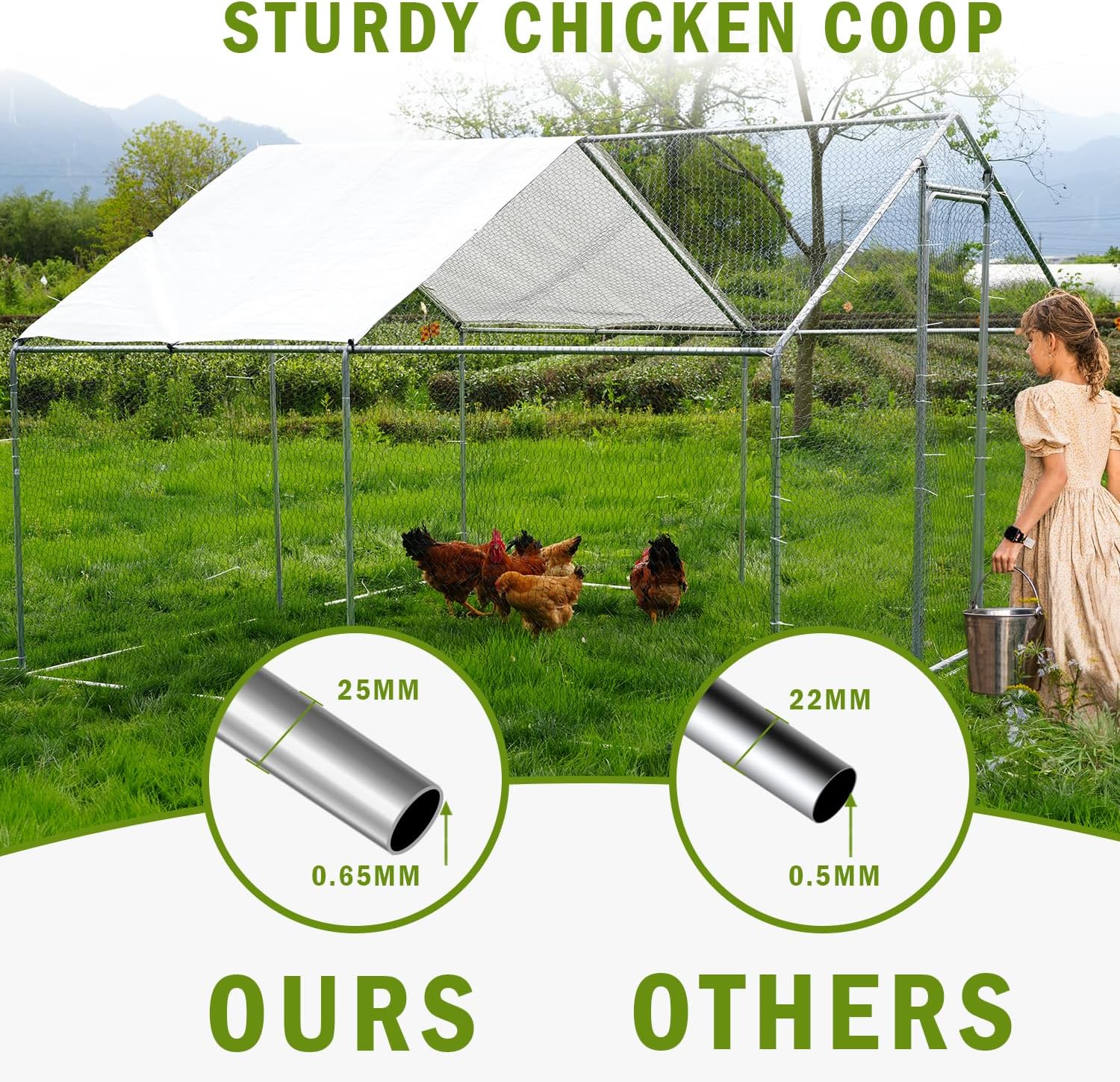Large Metal Chicken Coop, Outdoor Metal Chicken Run with Waterproof and Anti-Ultraviolet Cover for 10-20 Chickens, Walk-in Poultry Cage for Chicken, Duck, Rabbit, Dog (9.84'×9.84'×6.46')