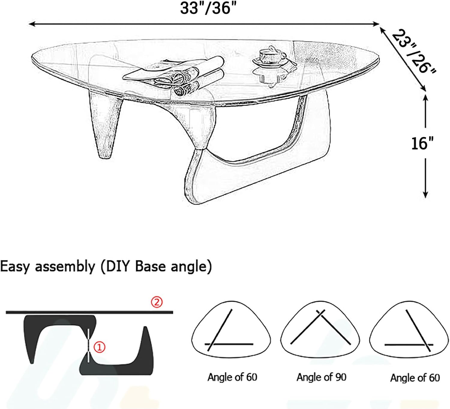 Triangle Coffee Table,Mid Century Modern Glass Coffee Table Solid Wood Base,Clear Abstract Coffee Table for Living Room Low Minimalist Tea Table Coffee Tables(36 * 25.5 * 16 inch, Gray-Black)