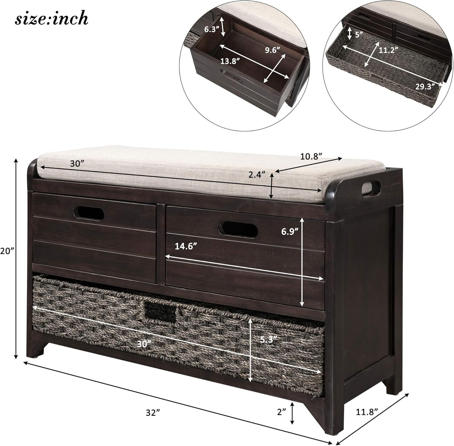 Wood Storage Bench with 1 Basket and 2 Drawers,Fully Assembled Shoe Stool,W/Removable Cushion,for Hallway,Entryway,Bedroom,Living Room,Espresso