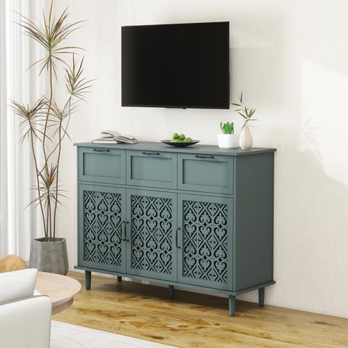Sideboard Buffet Cabinet with Storage - Accent Storage Cabinet American Furniture, Modern 2 Door 3 Drawer Cabinet, Farmhouse Wood Credenza for Living Room, Bedroom, Dining Room (Blue)