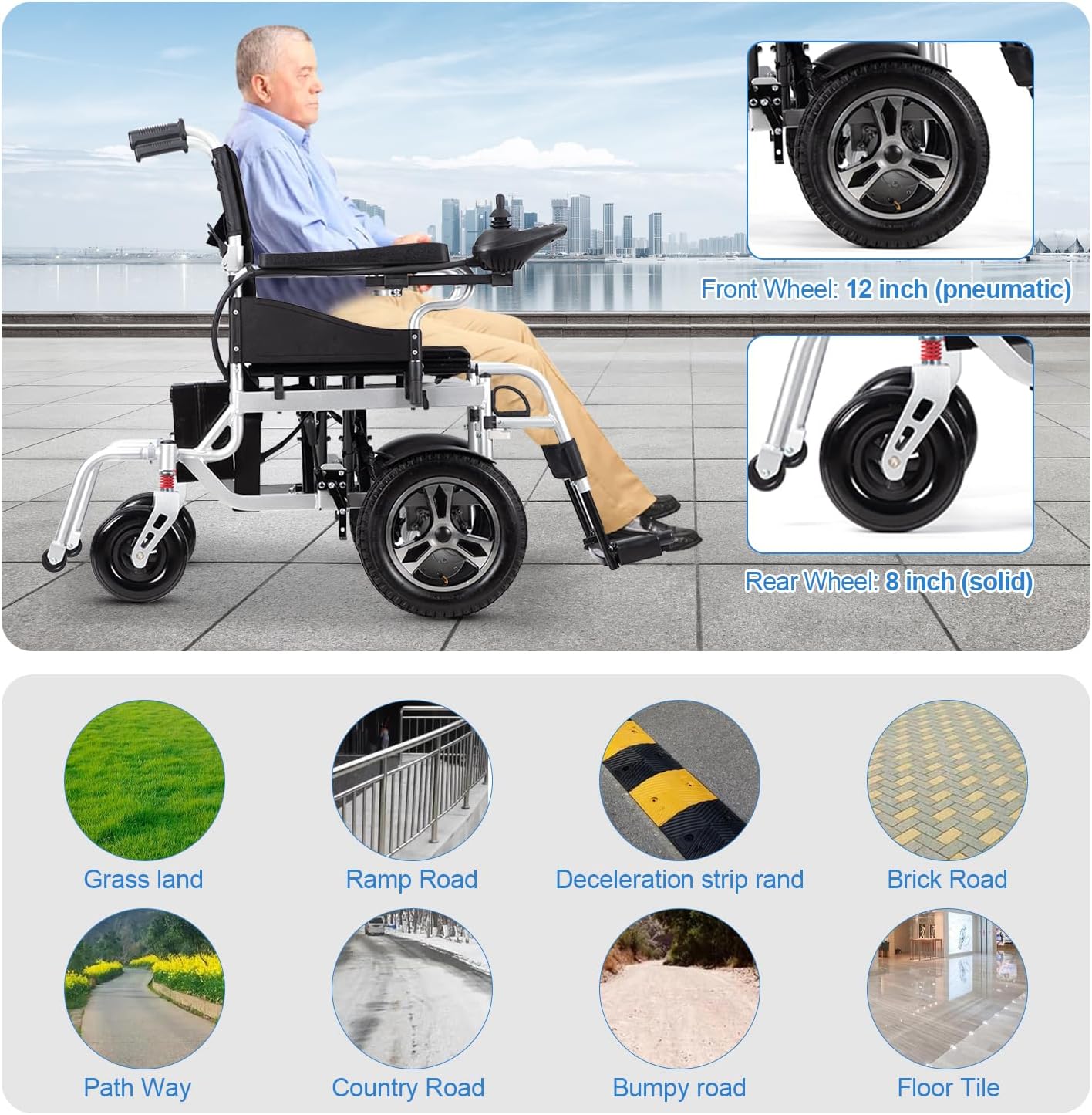 Electric Wheelchair,15 Miles Electric Wheelchairs for Adults,Lightweight Foldable All Terrain Motorized Wheelchair For Seniors,Portable Power Wheelchair for Travel,Compact Mobility Scooters-Up to330lb