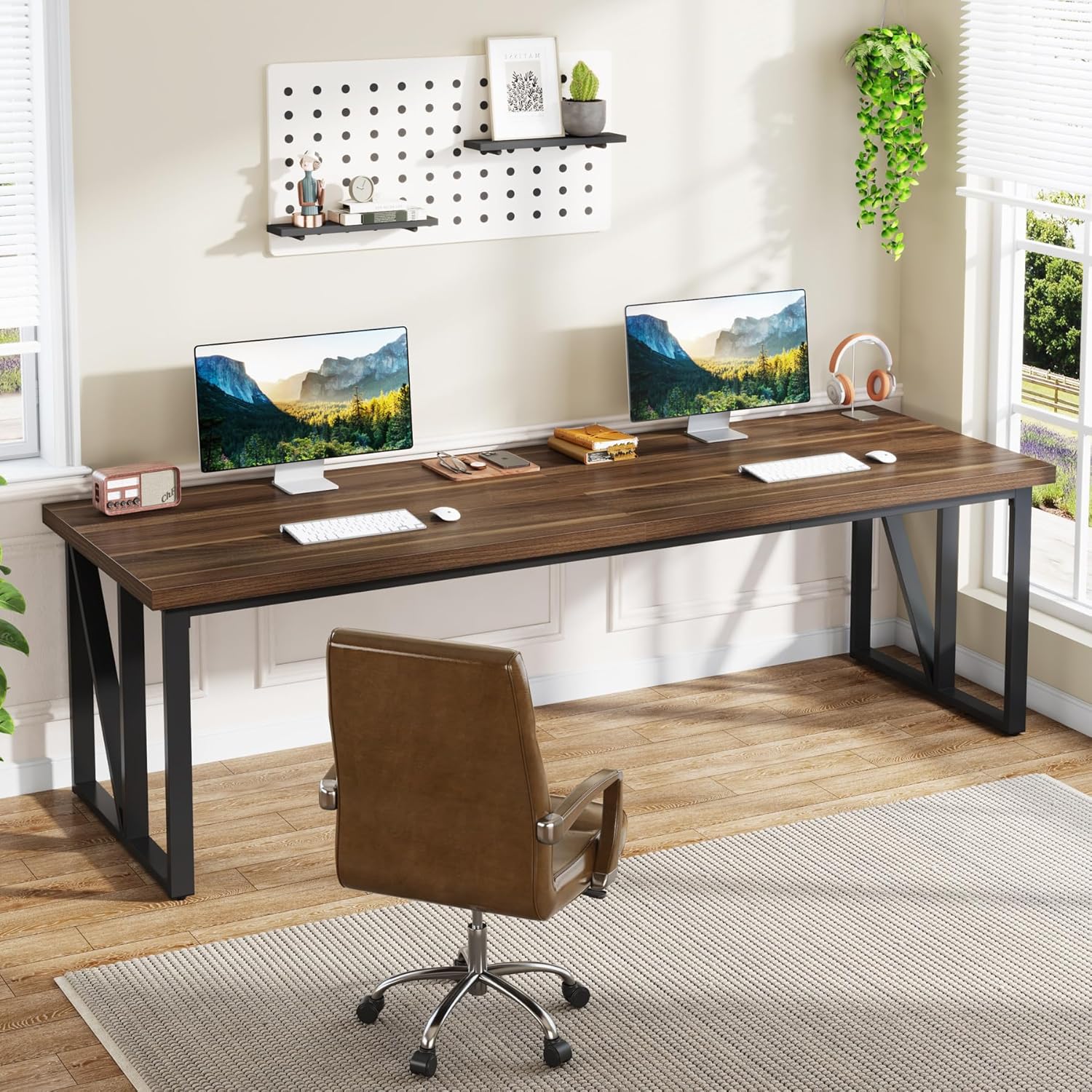 Tribesigns 2 Person Computer Desk: 78.7 Inches Extra Long Double Desk, Large Wood Home Office Desk, Industrial Craft Study Writing Table, Workstation Office Business Furniture, Brown