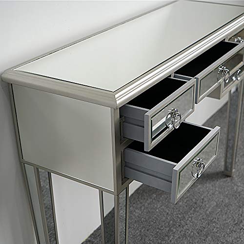 Henf Mirrored Vanity Desk Silver Console Table Sofa Table with 3 Faux Diamonds Drawers, Modern Glass Vanity Table Dressing Table Makeup Stand for Entryway/Foryer/Bedroom/Living Room