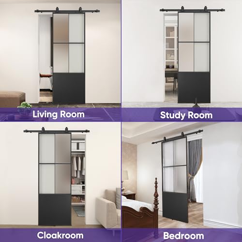 JUBEST 30" x 84" Glass Sliding Barn Door with Top Mounted Hardware Kit Included, 3-Panel Aluminum Frame and Frosted Tempered Glass French Door, Black Sliding Door, Easy to Install