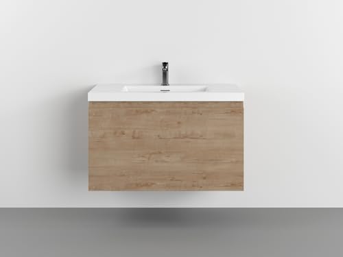Castle White Oak Bathroom Floating Vanity with Countertop and Sink (72"" W), Yellowish