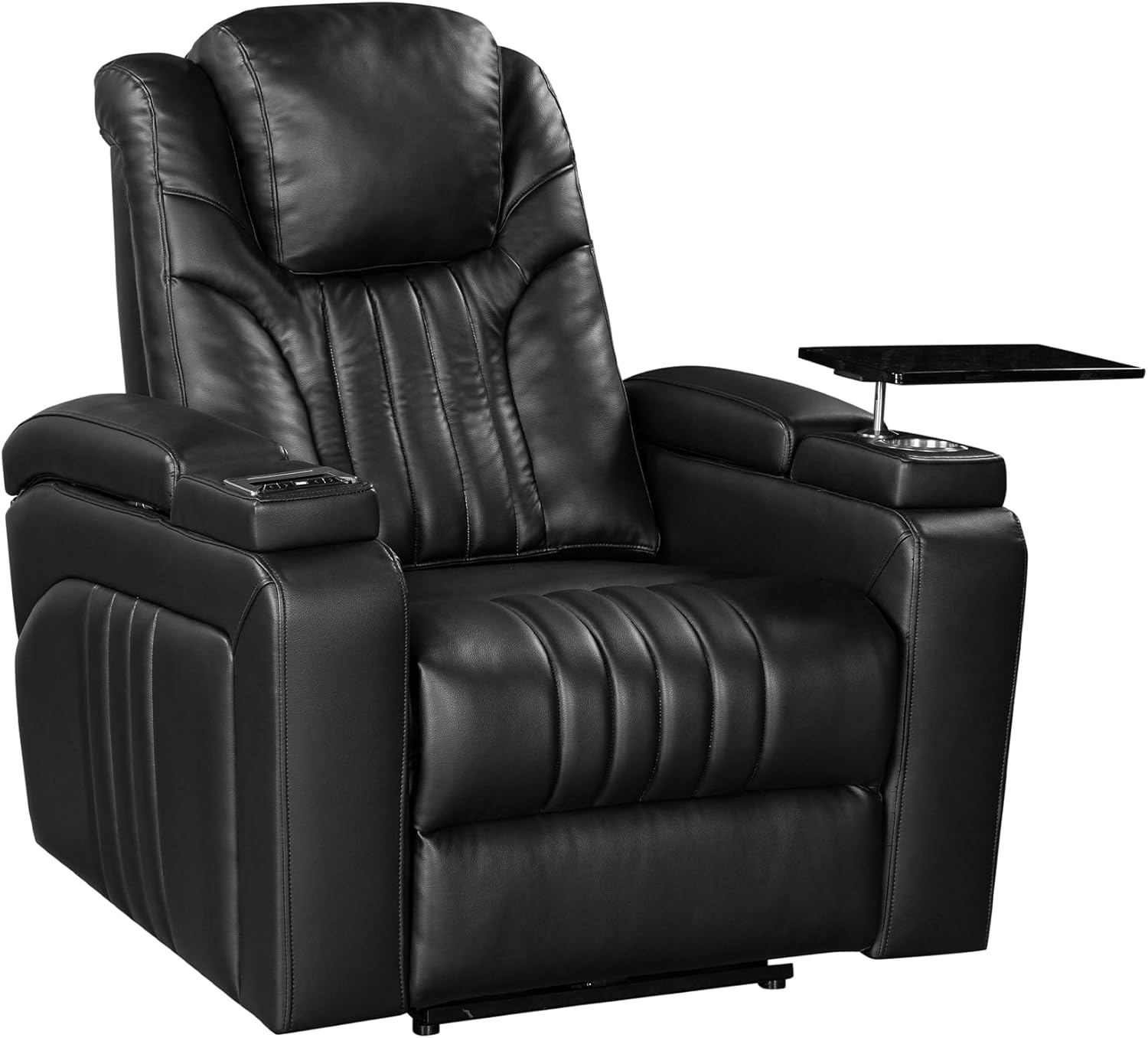 PU Leather Power Recliner Home Theater Recliner with Power Adjustable Headrest, Wireless Charging Device, USB Port, Storage Arms, Cup Holder and Swivel Tray Table for Living Room, Black