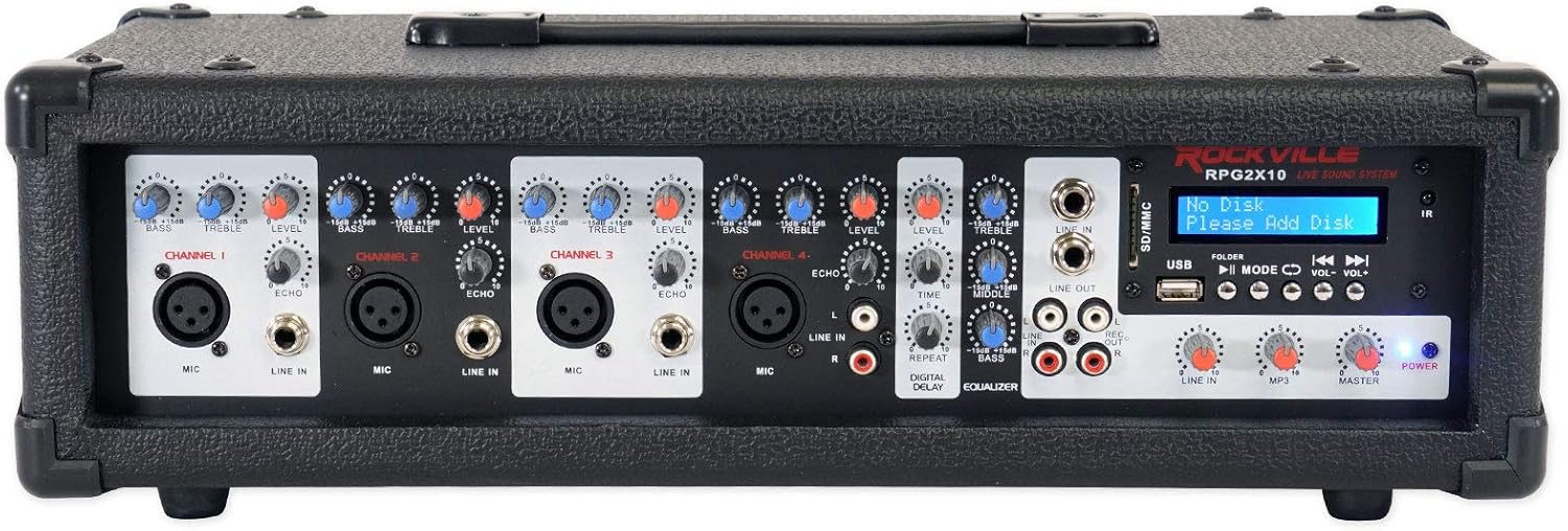 Rockville Package PA System Mixer/Amp+10" Speakers+Stands+Mics+Bluetooth, (RPG2X10)