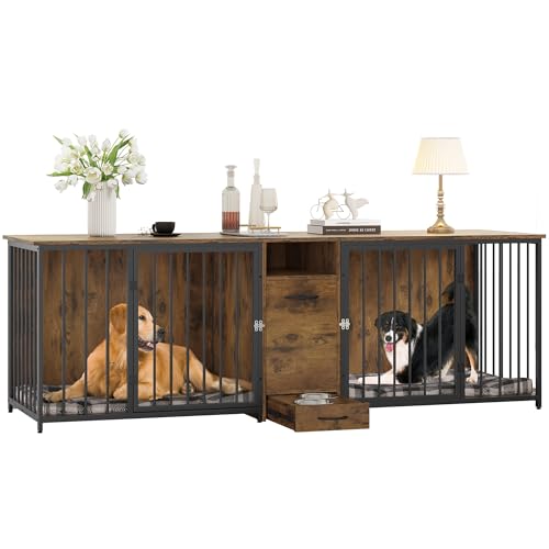DWVO Double Dog Kennel Furniture, 80.2" Dog Cage Furniture with Divider, Double Dog Crate TV Stand for 2 Medium Dogs, Black