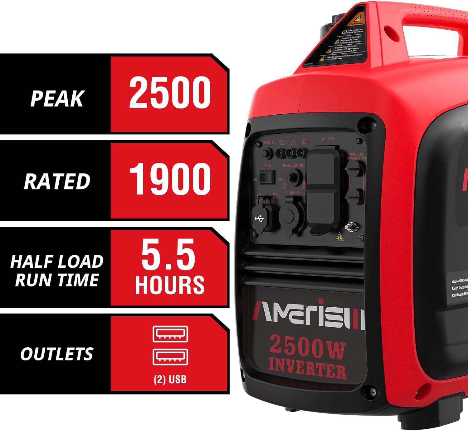 PowerSmart 2500-Watt Gas Powered Portable Inverter Generator - Ultral Light for Camping, RV Ready, Outdoor Use, Parallel Capability, EPA Compliant (AM5020) 2024 Version