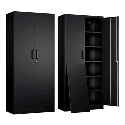 Yizosh Metal Garage Storage Cabinet with 2 Doors and 5 Adjustable Shelves - 71" Steel Lockable File Cabinet,Locking Tool Cabinets for Office,Home,Garage,Gym,School (Gray White)